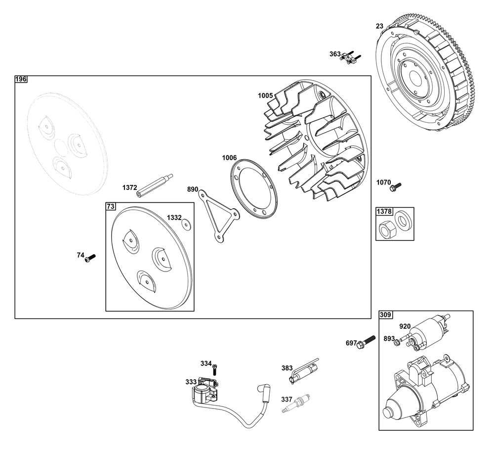 Flywheel, Ignition, And Starter Group Diagram and Parts List for 61E377-0057-J1 400000 - 699999 Briggs and Stratton Engine